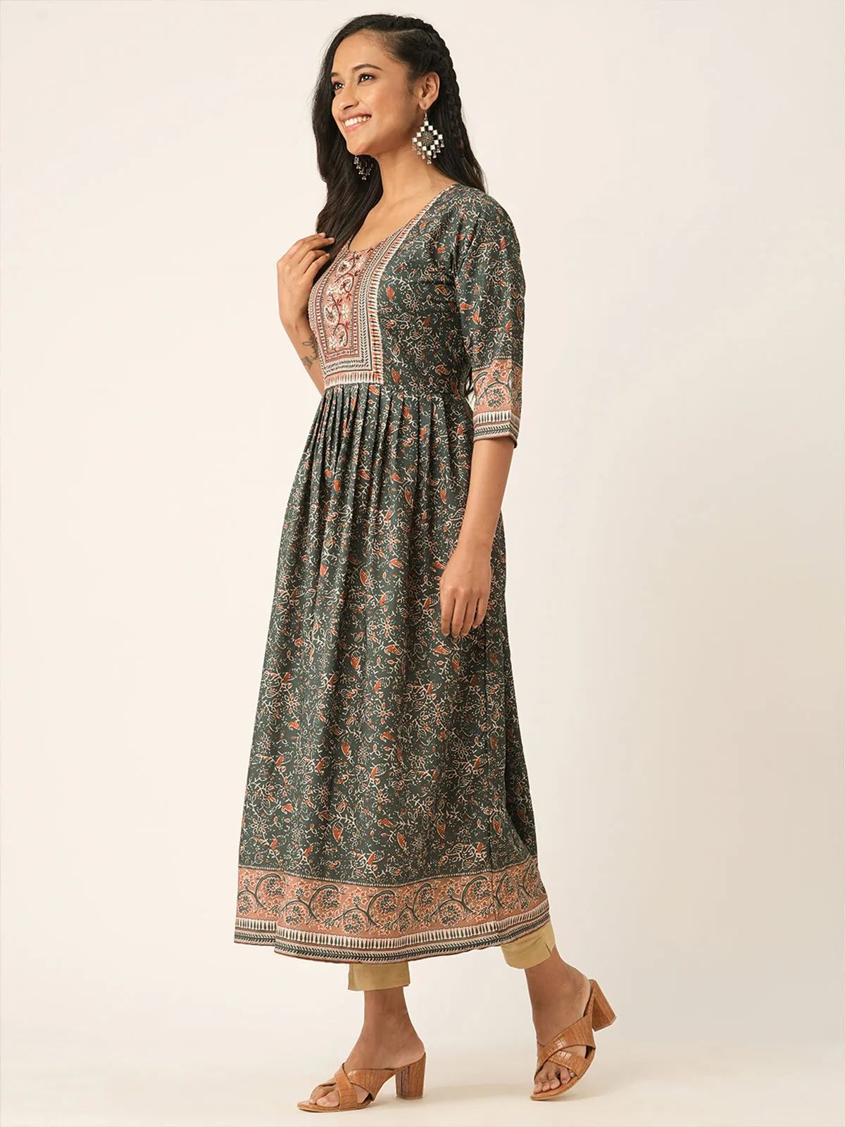 Odette Grey Rayon Printed Stitched Kurta for Women