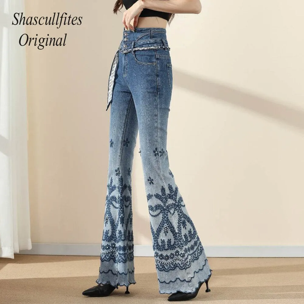 Original High Waist Retro Straight Loose Mopping 3 Buttons Jeans  Bottom Embroidered Women Denim Pants Jeans