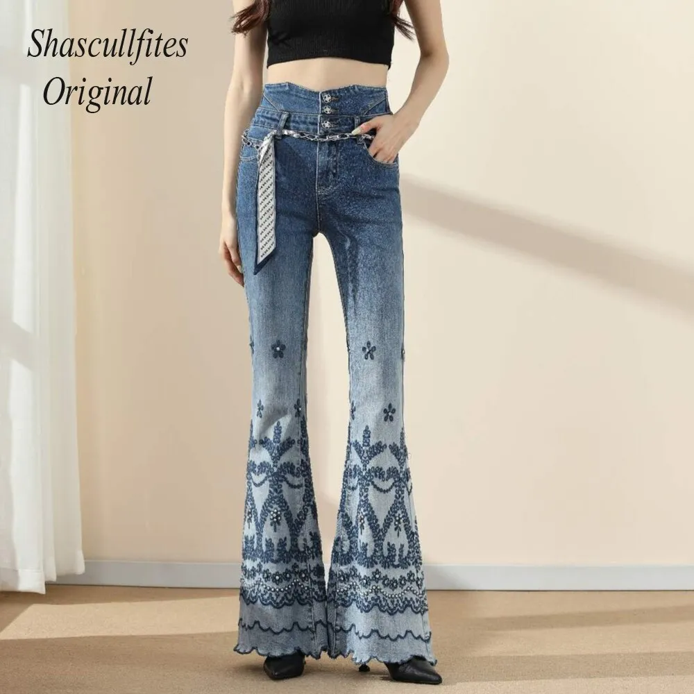 Original High Waist Retro Straight Loose Mopping 3 Buttons Jeans  Bottom Embroidered Women Denim Pants Jeans