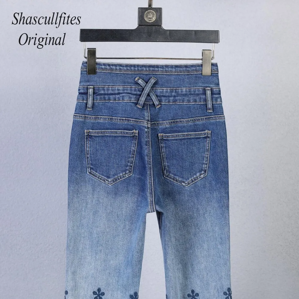 Original High Waist Retro Straight Loose Mopping 3 Buttons Jeans  Bottom Embroidered Women Denim Pants Jeans