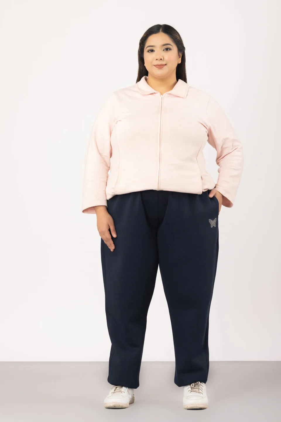 Plus Size Winter Fleece Track Pants For Women - Navy Blue