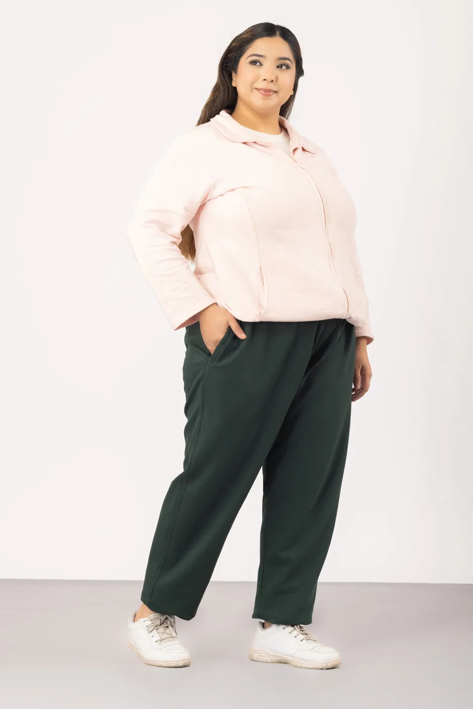 Plus Size Winters Cozy Fleece Track Pants For Women - Bottle Green