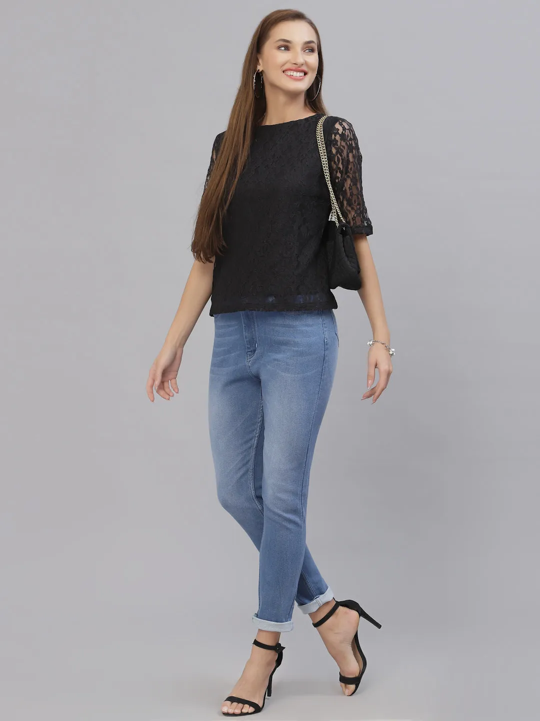 Style Quotient Women Black Self Design Nylon Regular Top